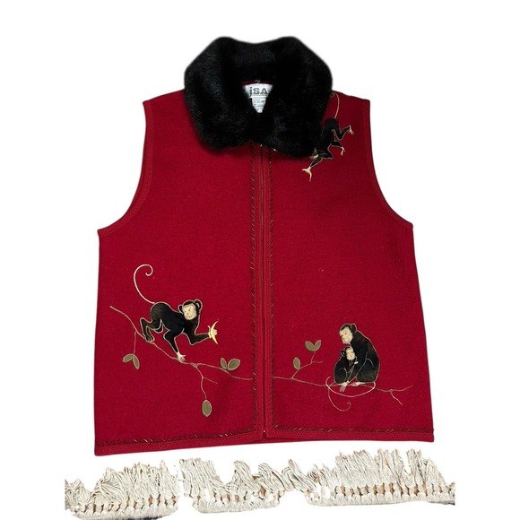 Lisa International Red Wool Zip Front Vest Removable Collar Embroidery Sz L - Picture 1 of 8
